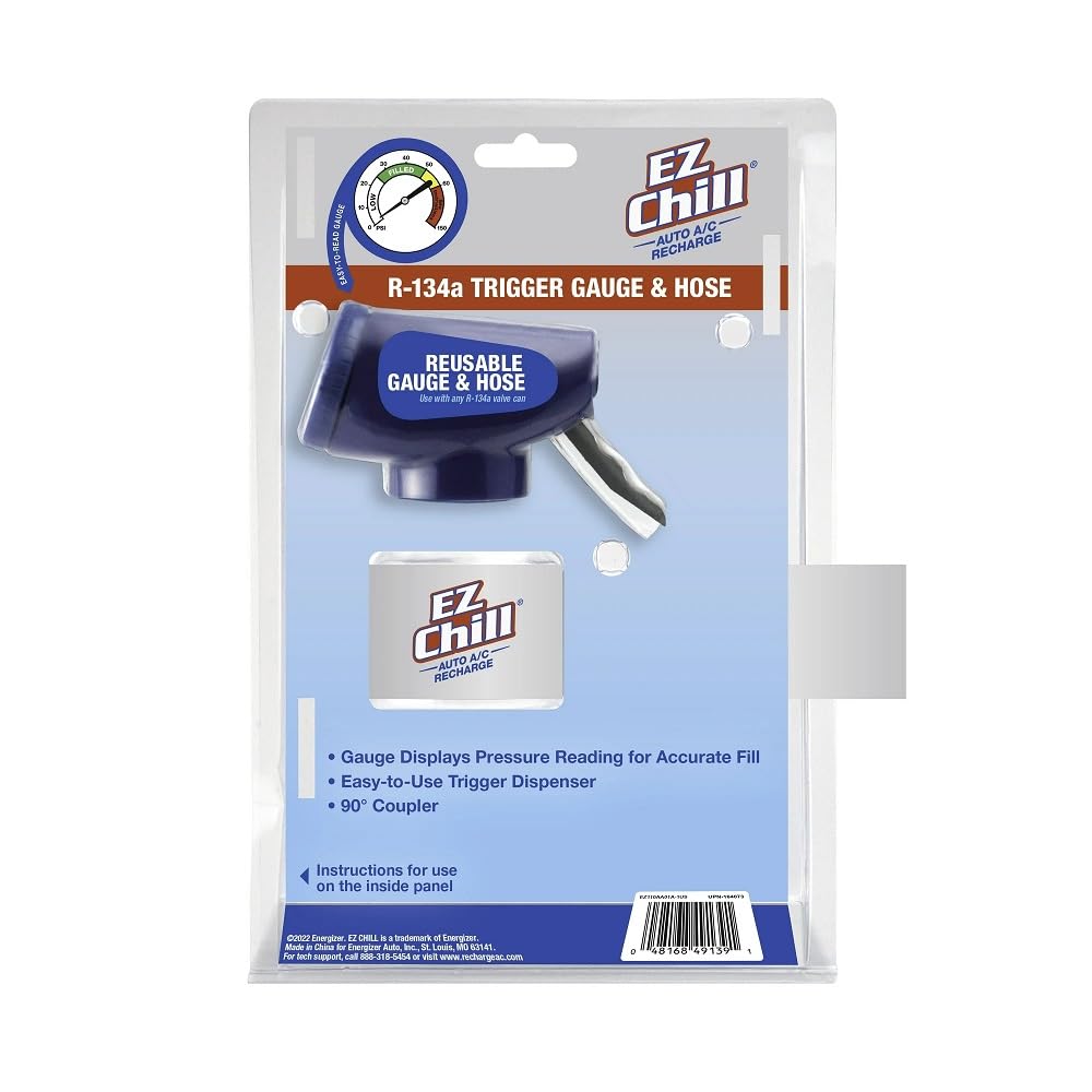 Back of the R-134a trigger gauge and hose pack with feature list and barcode