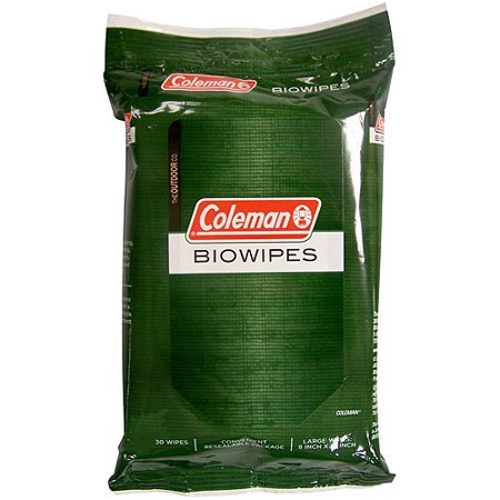 Coleman Biowipes green pouch, front view on a white background