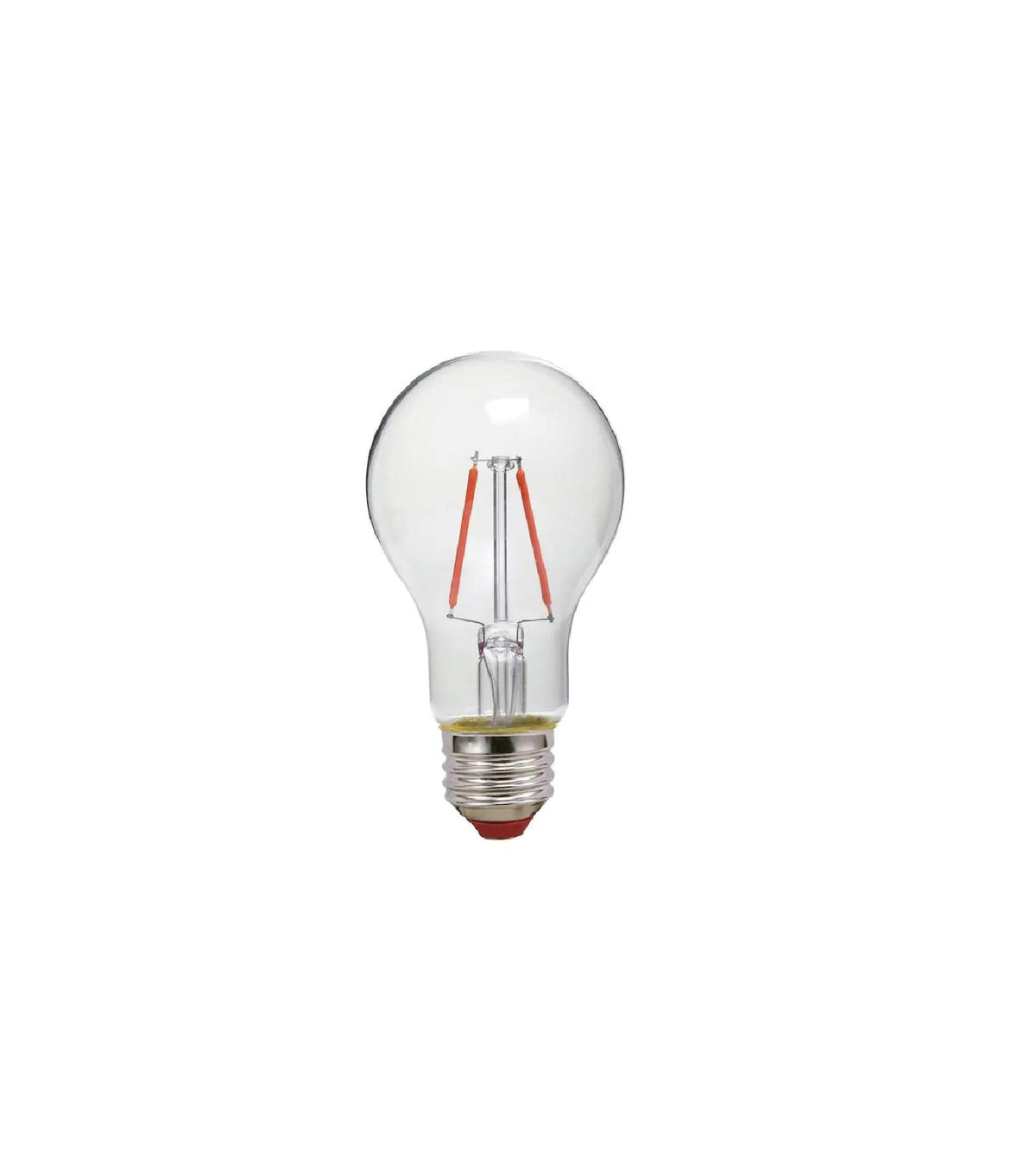 Clear glass A19 LED filament bulb with red filaments and E26 screw base
