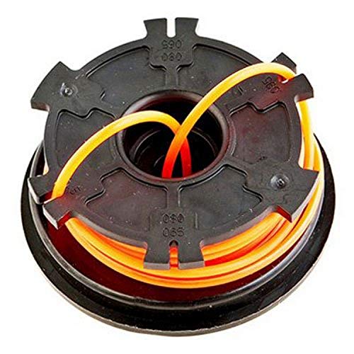 Black trimmer spool wound with orange cutting line