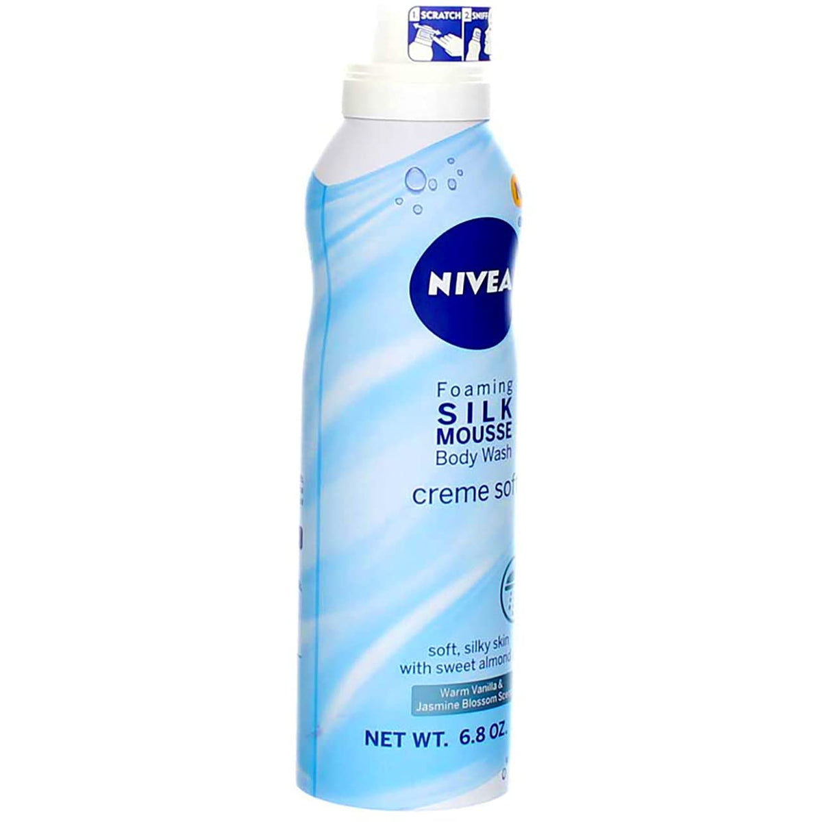 Angled front of the light blue foaming body wash can with scratch and sniff cap label