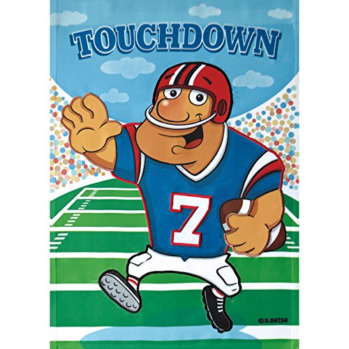 Garden flag with a cartoon football player in a blue number 7 jersey and Touchdown