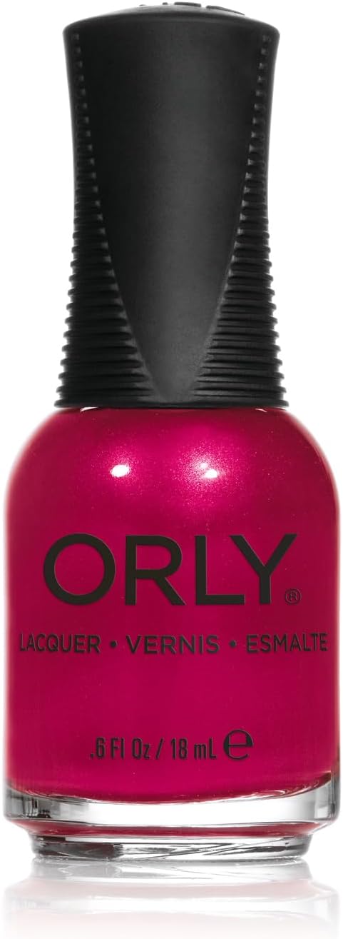 ORLY Reel Him In nail polish bottle, raspberry pink-red shimmer, black ribbed cap