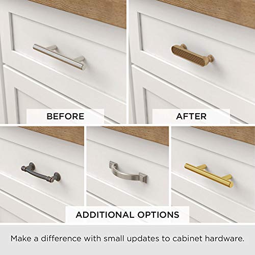 White cabinet drawers shown before and after new pulls, with three other pull styles