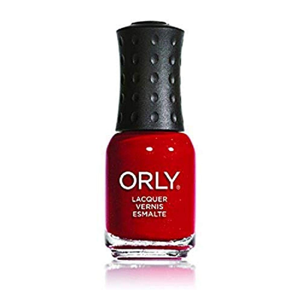 Mini bottle of shimmery red nail lacquer with a black dotted cap