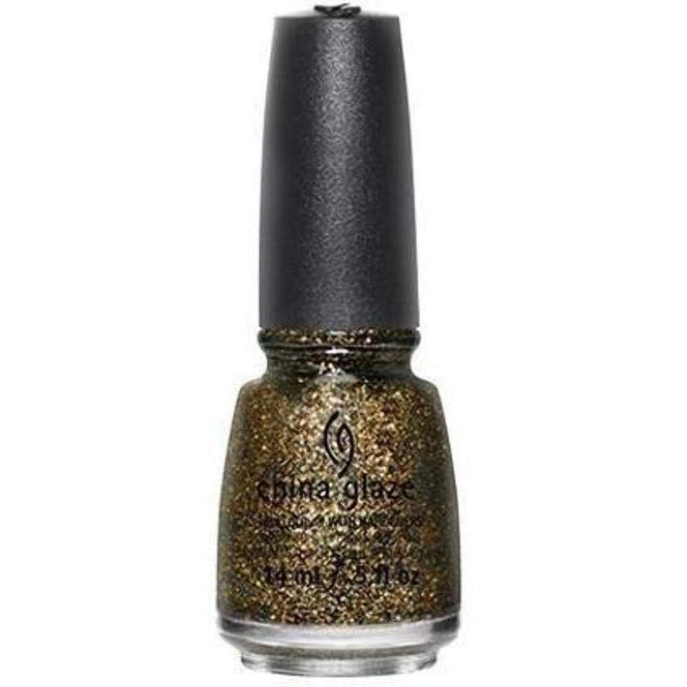Bottle of dense antique gold glitter nail polish with a black cap