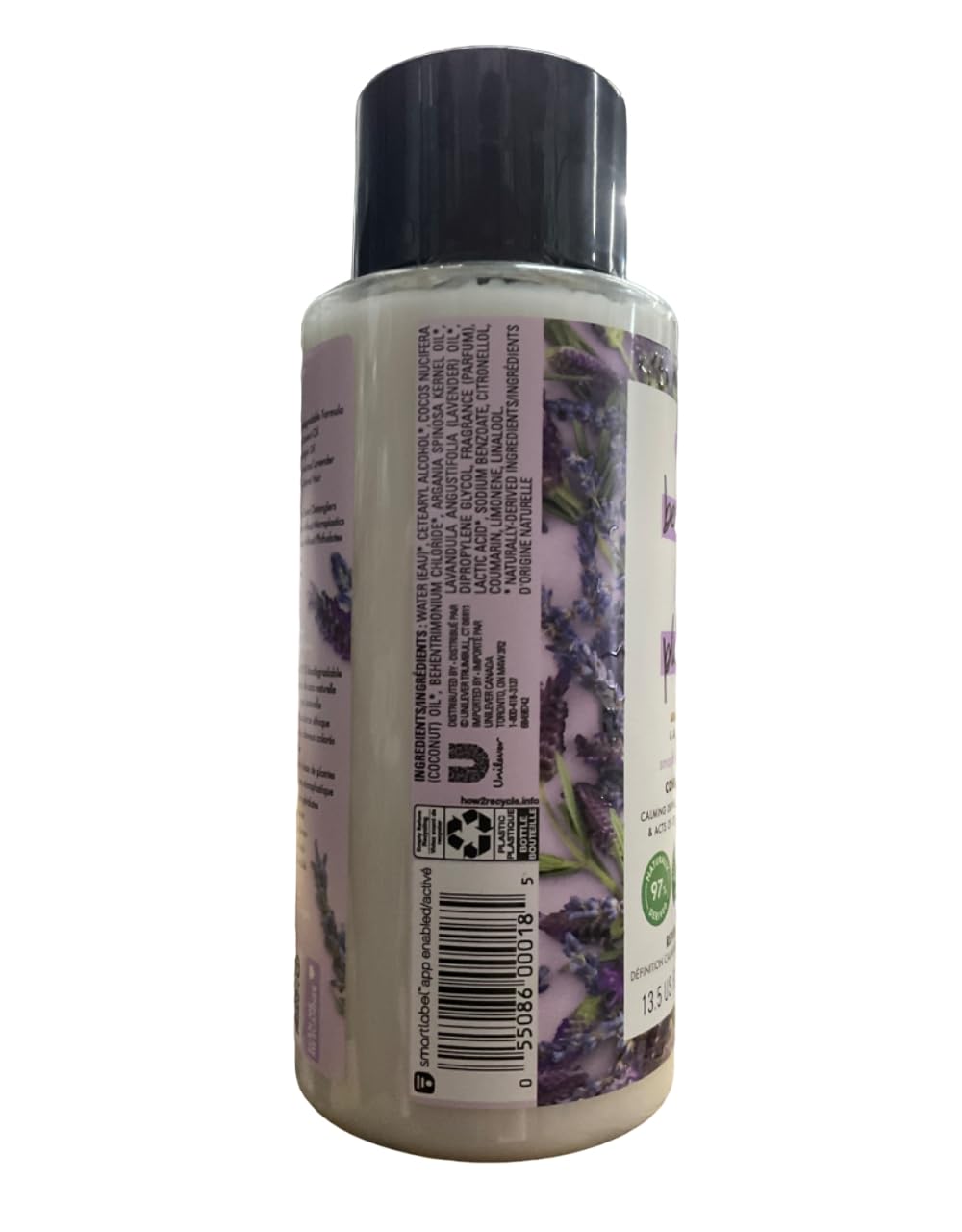 Side of the lavender conditioner bottle showing ingredients and recycling info