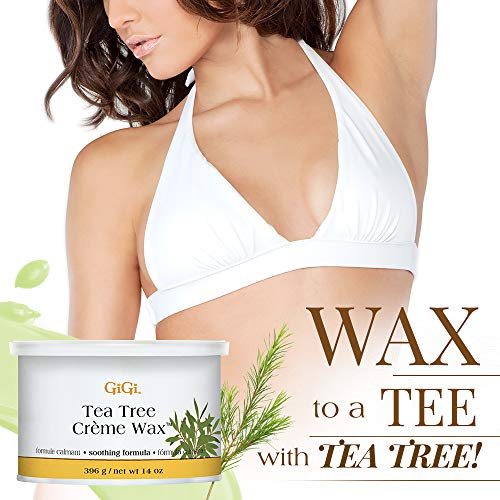 Tea tree creme wax tin with a sprig of tea tree and the slogan wax to a tee