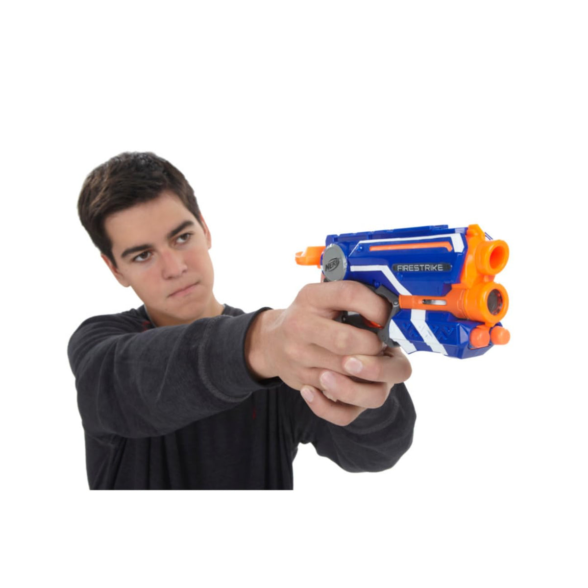 Teen aiming the blue and orange dart blaster with both hands