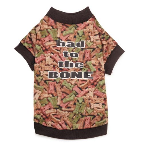Dog biscuit photo-print dog tee reading bad to the bone, with brown ribbed trim