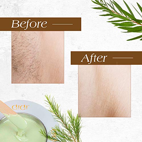 Before and after close-ups of skin with hair removed, beside an open wax tin