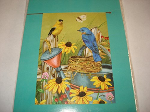 Packaged flag with a goldfinch and bluebird on a nest in a watering can among black-eyed Susans