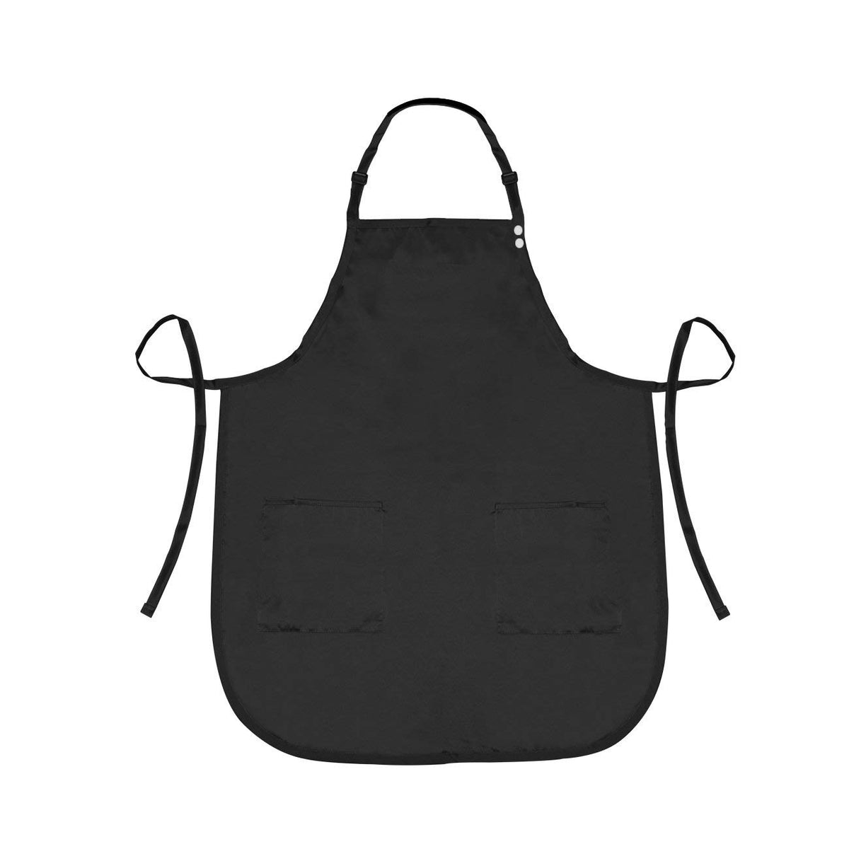 Flat black bib apron with adjustable neck strap, waist ties and two front pockets