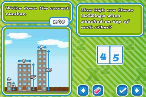 Maths puzzle adding up the heights of three stacked apartment buildings