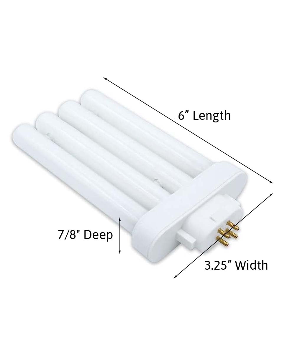Four-tube fluorescent bulb with 6 inch length, 3.25 inch width and 7/8 inch depth marked