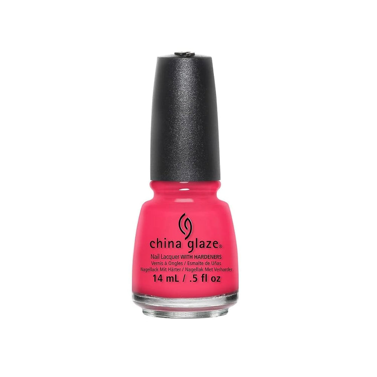 Bottle of hot pink creme nail lacquer with a black cap