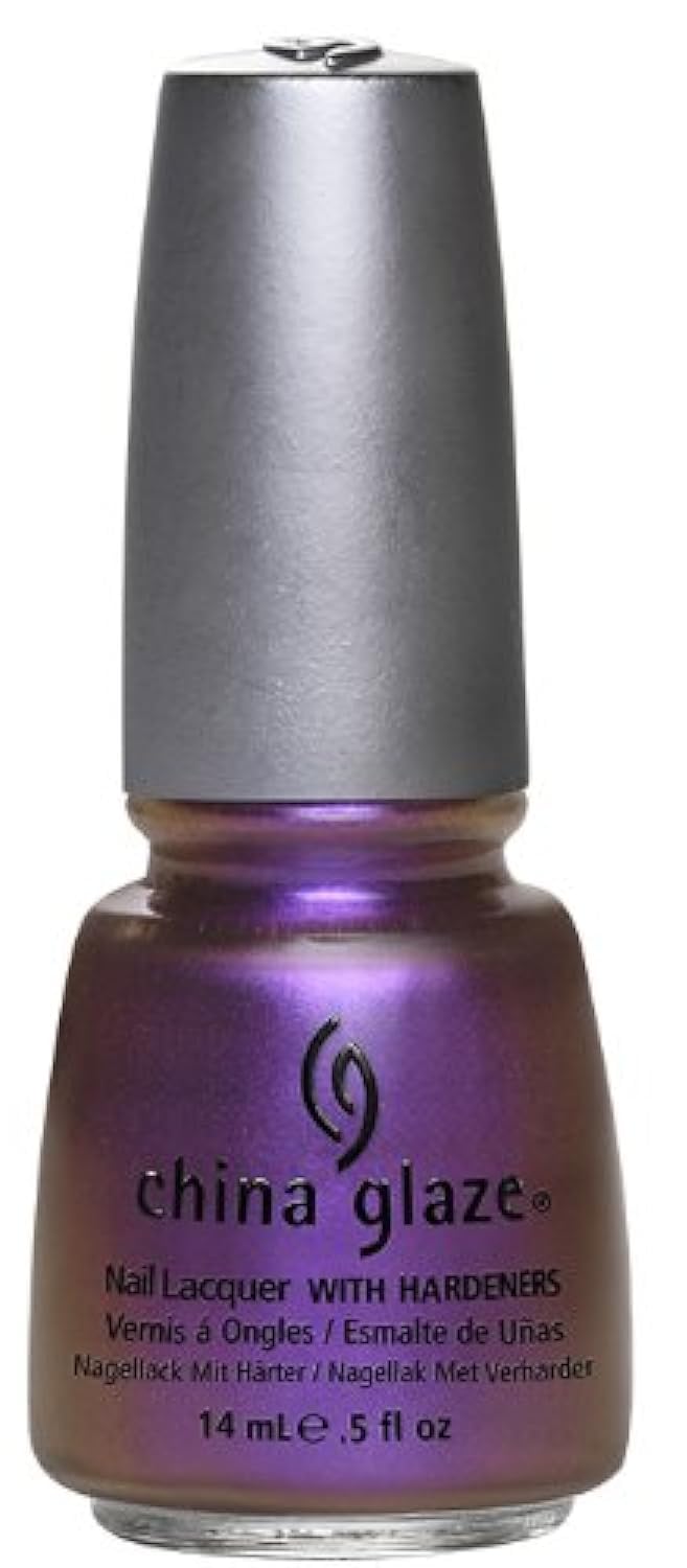 Bottle of metallic purple nail lacquer with a bronze shift and silver cap