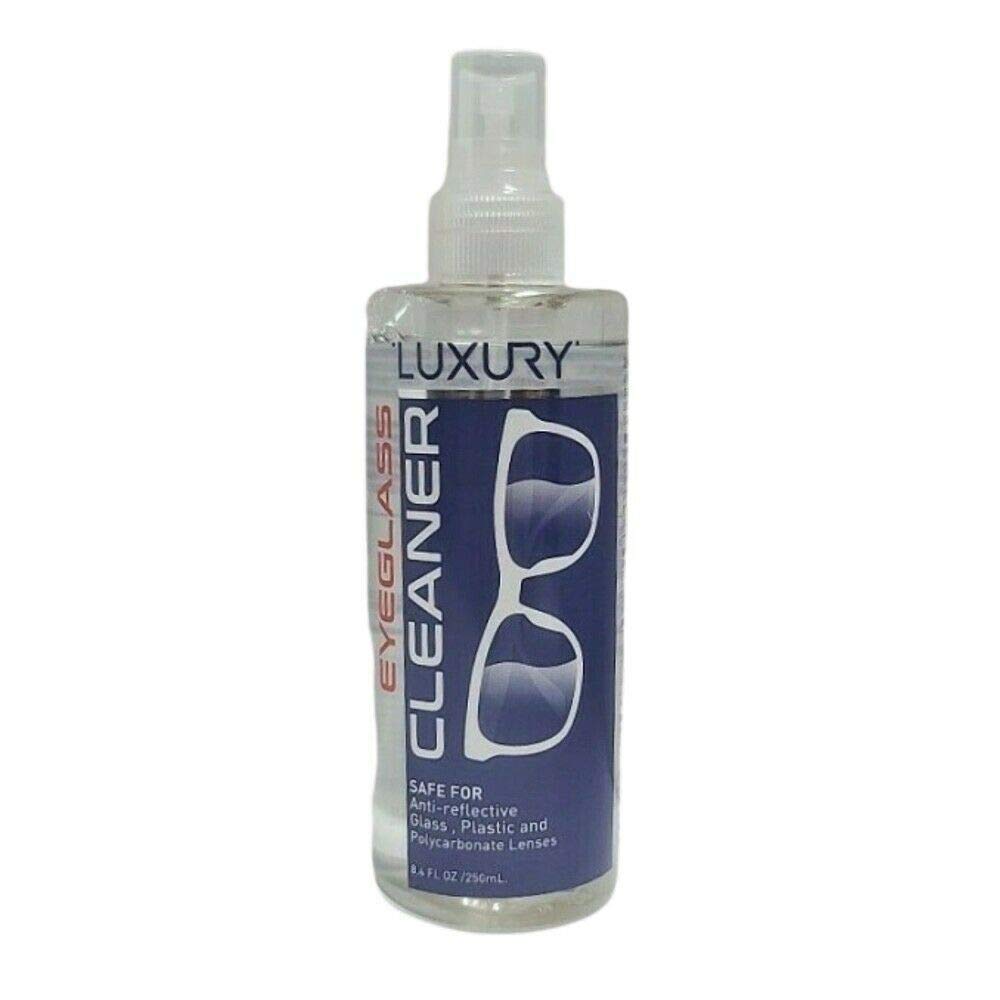 Clear 8.4 oz spray bottle of eyeglass cleaner with a navy label and glasses graphic