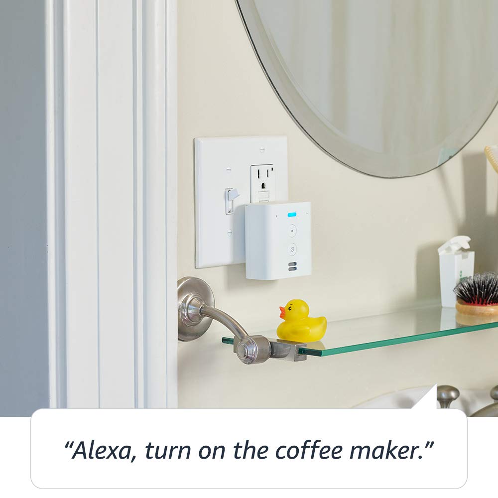 Echo Flex in a bathroom outlet above a glass shelf with a rubber duck