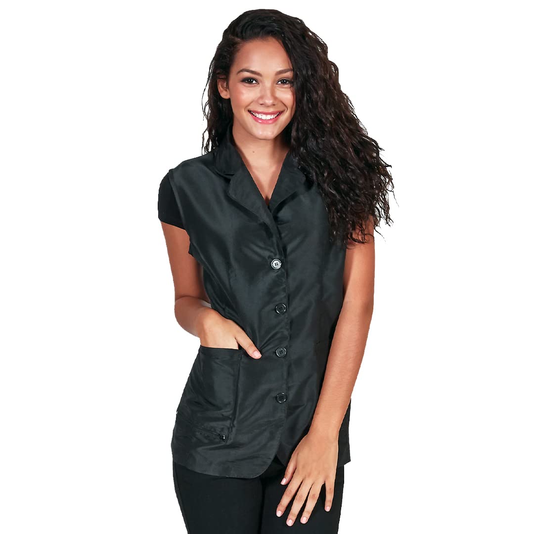 Woman wearing a black sleeveless button-front stylist vest with lapels and lower pockets