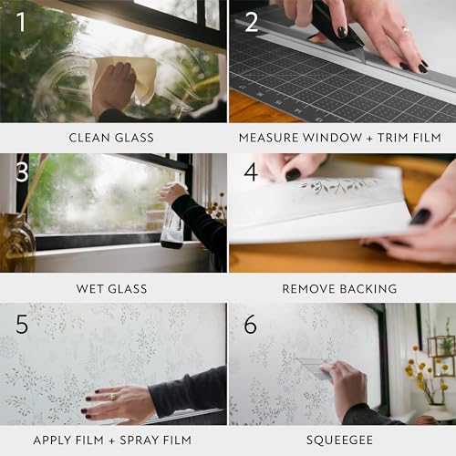 Six steps to apply the window film: clean, trim, wet, peel, apply, squeegee