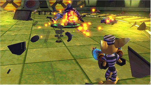 In-game scene of Ratchet in a striped prison outfit fighting robots amid sparks