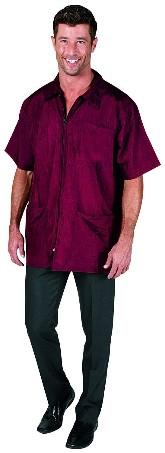Man wearing a burgundy crinkle nylon zip-front barber jacket with grey trousers