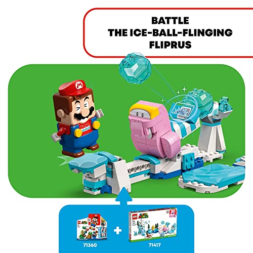 Mario figure facing the pink Fliprus as it flings an ice ball