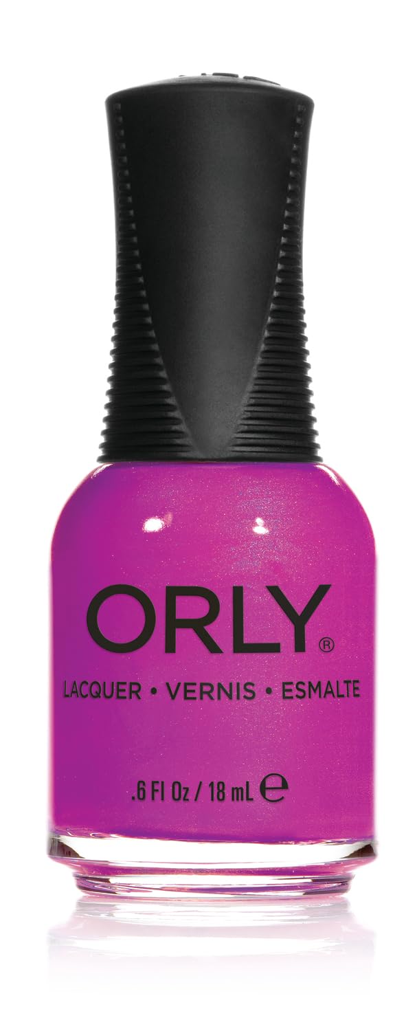 ORLY La Vida Loca nail polish bottle, bright magenta-purple with blue shimmer, black cap