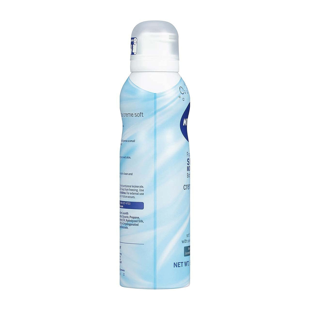 Other side of the light blue foaming body wash can with label edge visible