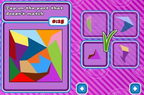 Shape puzzle screen asking to tap the coloured piece that doesn't match