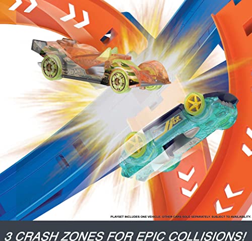 Two die-cast cars crashing where the orange and blue tracks cross, 3 crash zones