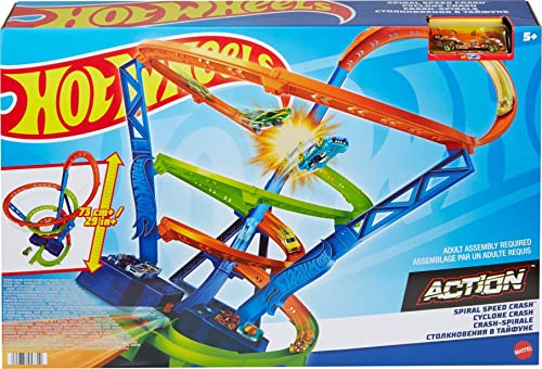 Box for the spiral speed crash track set showing cars colliding mid-loop, ages 5+