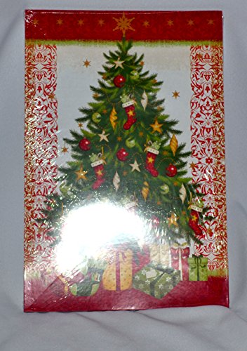 Gift box with a decorated Christmas tree, stockings and presents in a red border