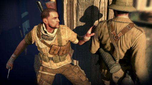 Gameplay scene of the soldier with a knife sneaking up behind an enemy guard