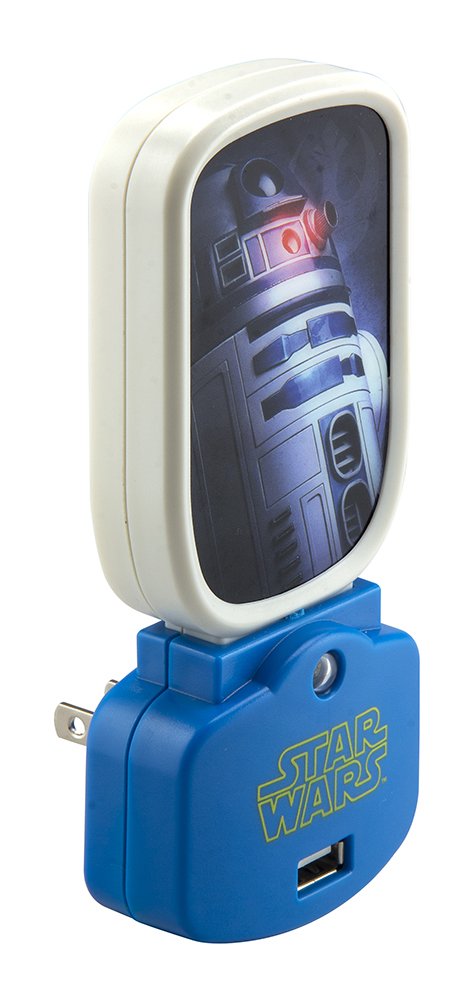 Plug-in night light with an R2-D2 panel on a blue base with a USB port