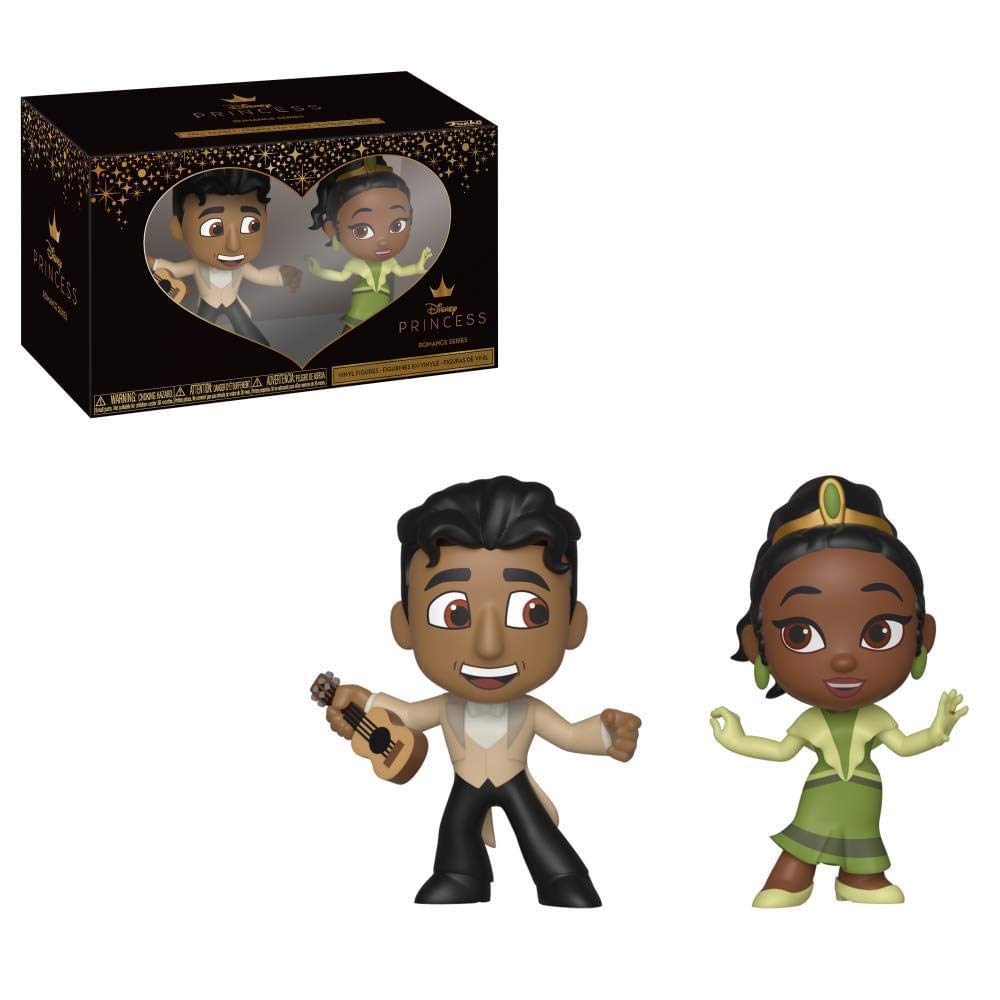 Funko mini vinyl Prince Naveen with ukulele and Tiana in green dress, with box