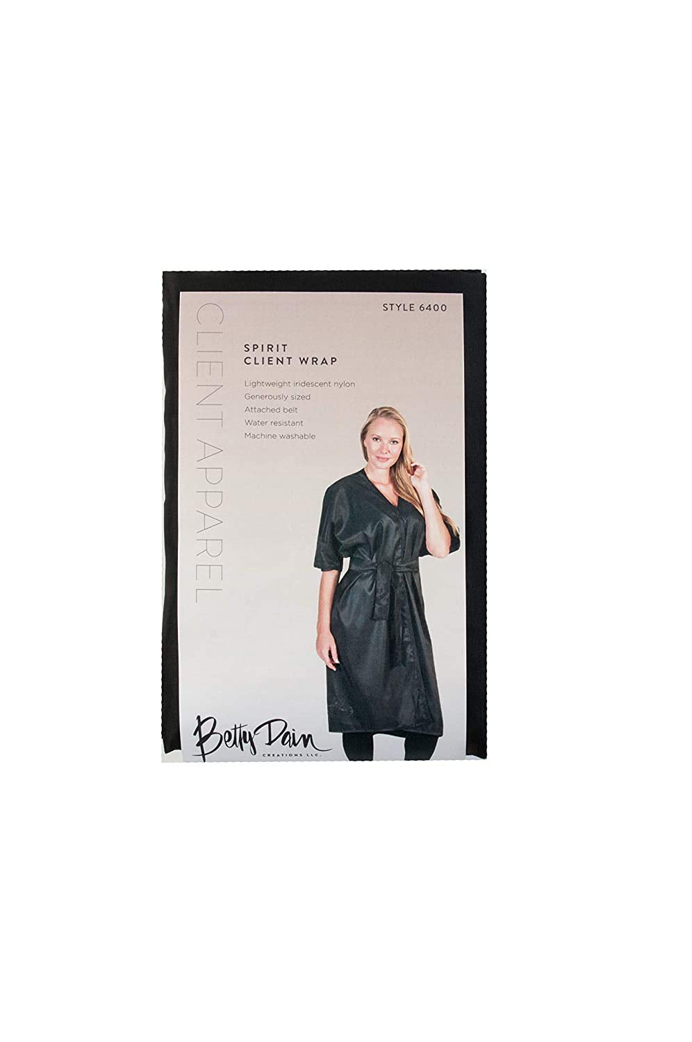 Packaged Spirit Client Wrap style 6400 with a woman in the belted black wrap