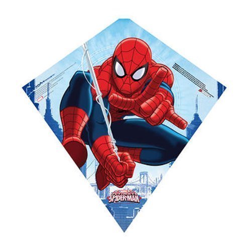 Blue diamond kite with Spider-Man crouching and shooting a web over a city skyline