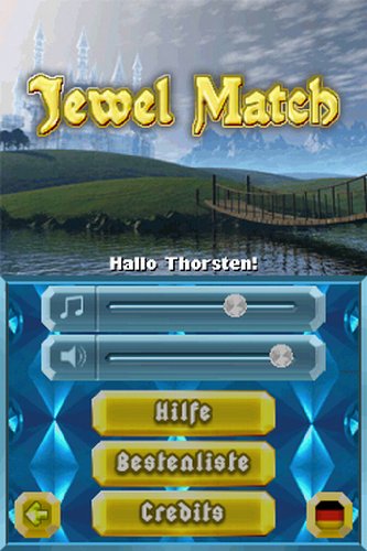 Options menu with music and sound sliders and gold Help, Scores and Credits buttons