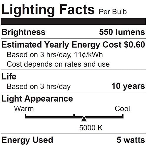 Lighting facts label: 550 lumens, 5 watts, 5000K, 10 year life