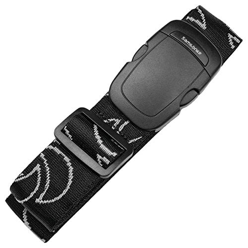 Black luggage strap with a grey printed pattern, quick-release buckle and slide adjuster
