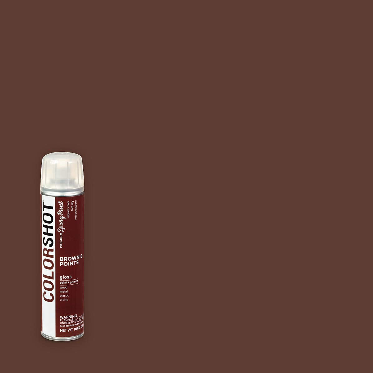 Brownie Points spray paint can on a solid swatch of its dark brown colour