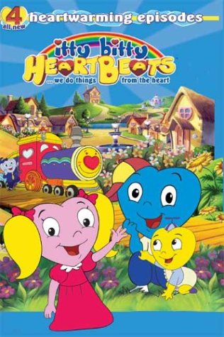 Itty Bitty Heartbeats DVD cover with cartoon heart characters and a rainbow village