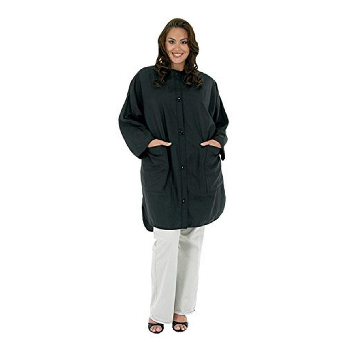 Smiling woman wearing a long black button-front salon smock with two pockets
