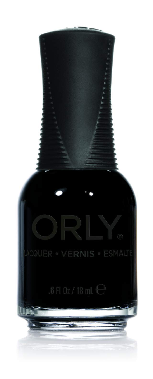 Bottle of glossy jet black nail lacquer with a black ridged cap, 0.6 oz