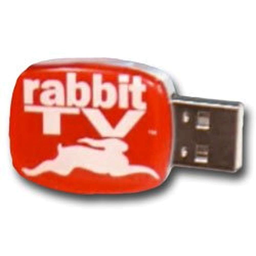 Red Rabbit TV USB stick with white rabbit graphic and metal USB connector
