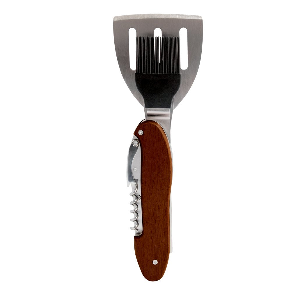 Folded 5-in-1 grill tool with wood handle, slotted spatula, basting brush and corkscrew