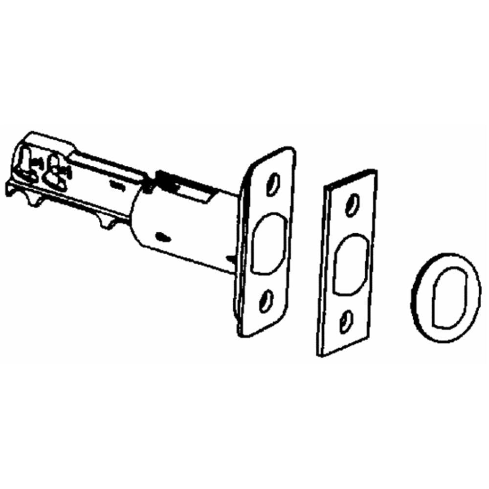 Line drawing of a Schlage door dead latch with faceplate, strike plate and collar