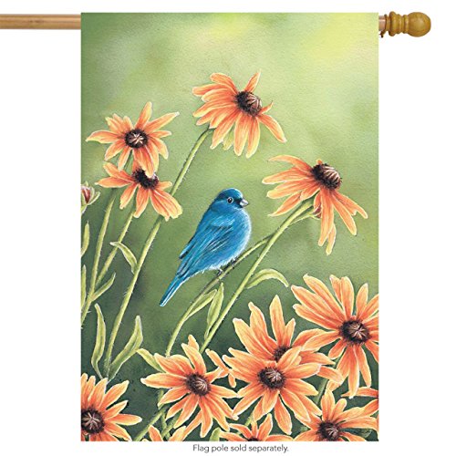 House flag with a small indigo bunting among orange black-eyed Susans, on a wooden pole